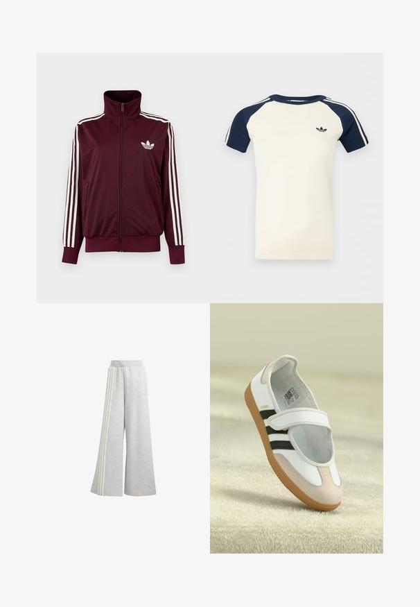 Bordeauxkleurige trainingsjas met ritssluiting en hoge kraag, witte drie strepen op de mouwen en wit Adidas trefoil-logo op de borst.; Korte mouwen crème overhemd met marineblauwe raglanmouwen, witte strepen op de mouwen en een klein zwart Adidas-logo op de borst.; Lichtgrijze wijdvallende sweatpants van zachte stof, met aan elke kant drie witte strepen en een elastische tailleband.; Witte schoen met een roze suède neus, zwarte strepen en een klittenbandsluiting. Heeft een tan rubberen zool en een logo aan de zijkant.