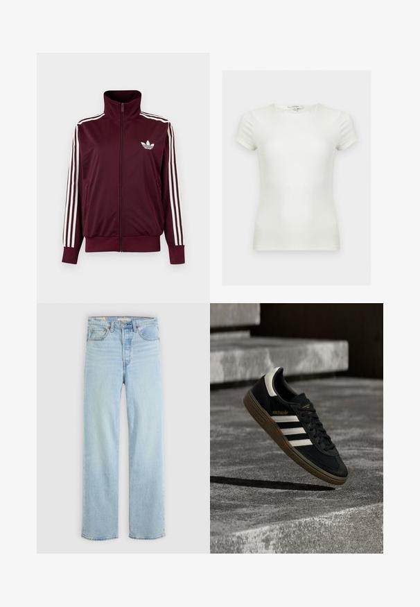 Chaqueta deportiva burdeos con cremallera, cuello alto, tres rayas blancas en las mangas y logo blanco de trébol de Adidas en el pecho.; Camiseta blanca lisa ajustada con mangas cortas y escote redondo, mostrada sobre un fondo neutro.; Jeans de denim azul claro con corte recto, que cuentan con cinco bolsillos, un cierre de cremallera clásico y costuras visibles.; Zapatilla negra de Adidas con rayas blancas y suela de goma flotando sobre escalones de concreto gris a la luz natural.