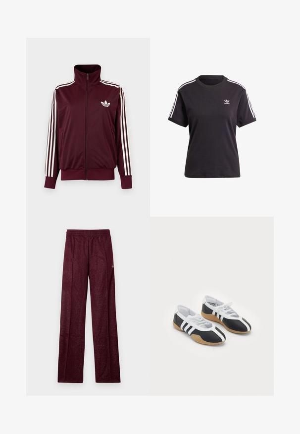 Vinrød trackjakke med lynlås og høj krave, hvide tre striber på ærmerne og hvidt Adidas trefoil-logo på brystet.; Sort bomulds t-shirt med korte ærmer og rund hals, der har hvide striber på skuldrene og et lille hvidt Adidas-logo på brystet.; Bordeaux træningsbukser lavet af tekstureret stof, med elastisk talje og sidesømme for en lige ben-design.; Sort-hvide sportsko med et slankt design, gummisål, snørebåndslukning og tre hvide striber på siden.