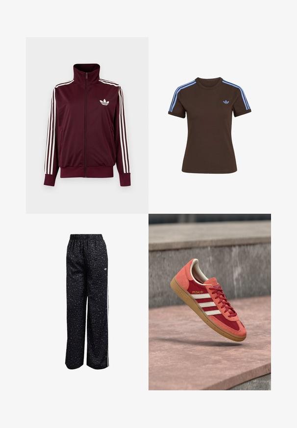 Viininpunainen vetoketjullinen urheilutakki korkealla kauluksella, valkoiset kolme raitaa hihoissa ja valkoinen Adidas Trefoil -logo rinnassa.; Ruskea lyhythihainen t-paita, jossa on vaaleansiniset kolme raitaa hartioilla ja pieni vaaleansininen Adidas-logo vasemmassa rinnassa.; Musta urheiluhousut, joissa on leopardikuvio, joustava vyötärö ja valkoiset sivuraidat. Valmistettu sileästä ja kevyestä kankaasta.; Punainen ja oranssi Adidas Spezial -tennari valkoisilla raidoilla ja kumipohjalla kellumassa betonipinnan ja portaiden yläpuolella taustalla.