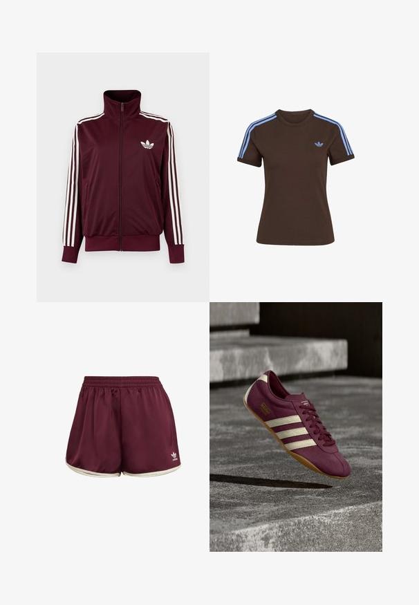 Bordeauxrote Trainingsjacke mit Reißverschluss und hohem Kragen, weißen drei Streifen an den Ärmeln und weißem Adidas-Trefoil-Logo auf der Brust.; Braunes Kurzarm-T-Shirt mit hellblauen drei Streifen auf den Schultern und kleinem hellblauem Adidas-Logo auf der linken Brust.; adidas Originals SPRINTER - Shorts - maroon cream white; Lila Adidas Tokyo Sneaker mit weißen Streifen und Gummisohle scheint bei sanfter Beleuchtung über Betonstufen zu schweben.