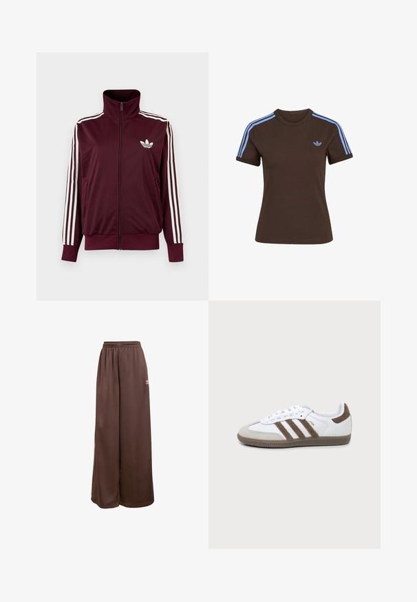 Veste de survêtement bordeaux zippée avec col haut, trois bandes blanches sur les manches et logo Adidas trefoil blanc sur la poitrine.; T-shirt marron à manches courtes avec trois bandes bleu clair sur les épaules et petit logo Adidas bleu clair sur la poitrine gauche.; adidas Originals Pantalon de survêtement - auburn cream white; Basket Adidas Samba blanche et marron avec trois bandes marron, lacets et semelle texturée, vue de côté sur fond uni.