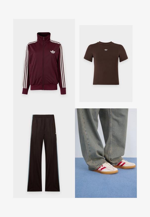 Bordeauxrote Trainingsjacke mit Reißverschluss und hohem Kragen, weißen drei Streifen an den Ärmeln und weißem Adidas-Trefoil-Logo auf der Brust.; Braunes, figurbetontes T-Shirt mit kurzen Ärmeln und kleinem weißem Adidas-Logo zentriert unterhalb des Halsausschnitts.; Schwarze, weit geschnittene Trainingshose mit hellblauen Seitenstreifen, elastischem Bund, Reißverschlusstaschen und Adidas-Logo an der linken Hüfte.; Weiße Sneaker mit roten Streifen, Obermaterial aus strukturiertem Canvas, runde Zehenpartie, flache Gummisohle, kombiniert mit lockeren, ausgebleichten blauen Jeanshosen.