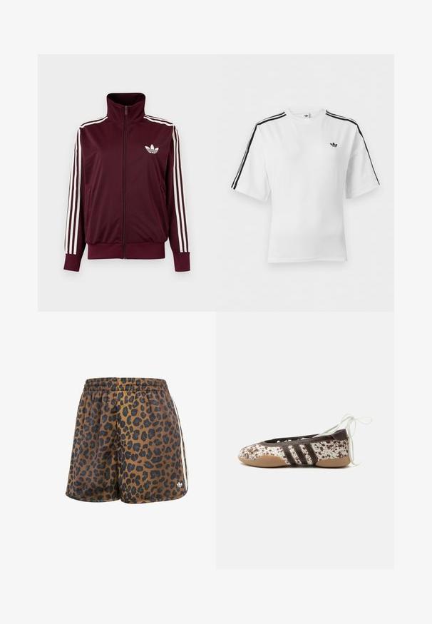 Bordeauxkleurige trainingsjas met ritssluiting en hoge kraag, witte drie strepen op de mouwen en wit Adidas trefoil-logo op de borst.; Wit Adidas T-shirt met korte mouwen, zwarte drie-strepen-details op de schouders en het Adidas trefoil-logo op de linkerborst.; adidas Originals WIDE LEG LEO PRINT SATIN - Shorts - multicolor bronze strata; Platte balletschoen met bruin-wit gespikkeld patroon, drie donkere strepen aan de zijkant, lichtbruine zool en witte veter voor om de enkel.