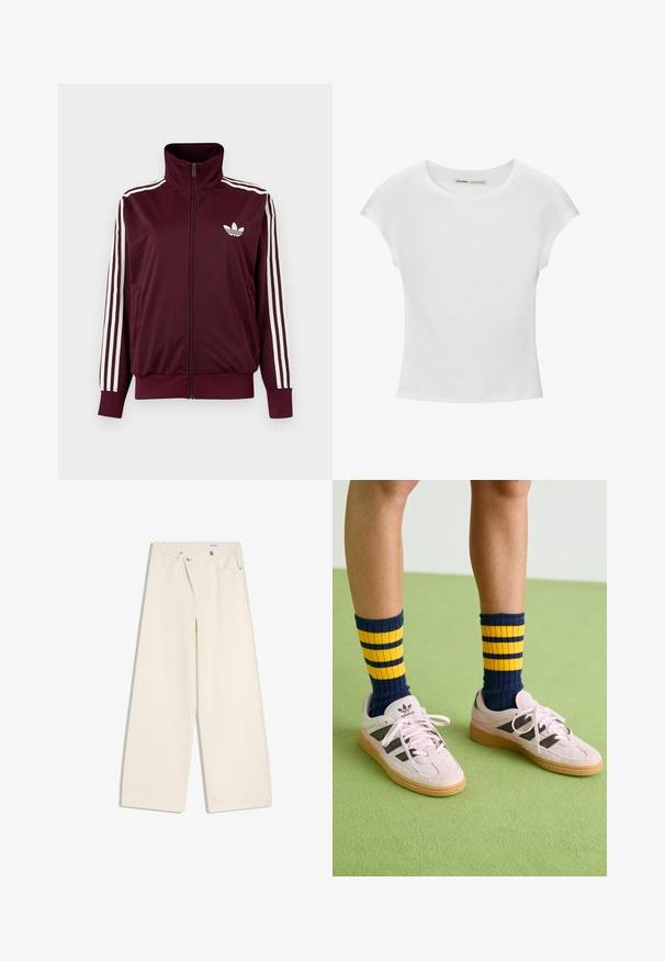 Bordeauxrote Trainingsjacke mit Reißverschluss und hohem Kragen, weißen drei Streifen an den Ärmeln und weißem Adidas-Trefoil-Logo auf der Brust.; Weißes Baumwoll-T-Shirt mit kurzen, aufgerollten Ärmeln, rundem Ausschnitt und geradem Saum. Glatte Textur ohne sichtbare Muster oder Akzente.; Off-White weite Hosen mit Vordertaschen, Gürtelschlaufen und silbernen Knöpfen an Bund und Taschenrändern.; Helle rosa Wildledersneaker mit schwarzen Streifen und Gummisohlen, kombiniert mit navyblauen und gelben gestreiften Rippsocken. Grüner strukturierter Boden.