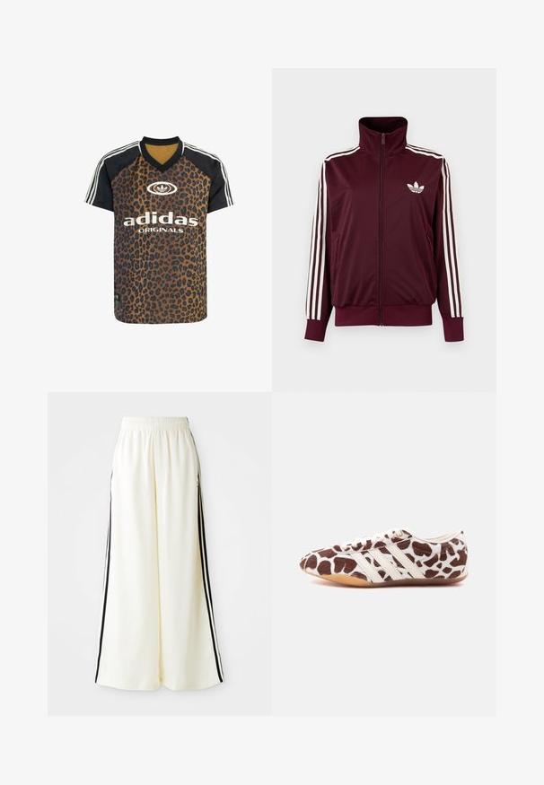 Vinrød trackjakke med lynlås og høj krave, hvide tre striber på ærmerne og hvidt Adidas trefoil-logo på brystet.; adidas Originals LEO PRINT SATIN - T-shirts print - multicolor bronze strata; Hvide løse bukser med elastisk talje og sorte lodrette striber langs yderseams.; Lavprofilsneaker med brunt og hvidt giraffepelsmønster og hvide læderstriber, set fra siden på en hvid baggrund.