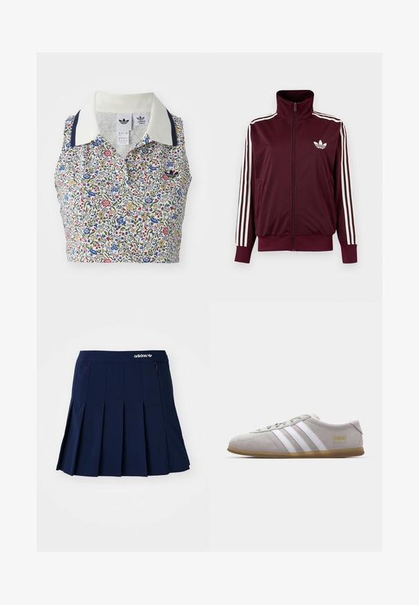 Vinrød trackjakke med lynlås og høj krave, hvide tre striber på ærmerne og hvidt Adidas trefoil-logo på brystet.; Blomstret cropped bluse med hvid bund og blomster i blå, rød og gul. Inkluderer en hvid krave med marineblå detaljer og et broderet logo.; Marineblå plisseret nederdel lavet af letvægtsstof; har en elastisk talje og en lille lynlås-lomme, med et hvidt Adidas-logo på forsiden.; Grå suedestøvle med hvide læderstriber og guldlogo-detalje. Flad gummisål, rund tå og klassisk snølukkedesign.