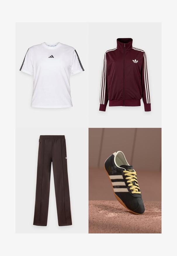 Burgundia tooniga lukuga spordijakk kõrge kraega, valgete kolme triibuga varrukatel ja valge Adidas Trefoil logoga rinnal.; Valge puuvillane T-särk, millel on ümmargune kaelus, lühikesed varrukad ja mustad kolme riba aktsendid õlgadel, koos Adidas'i logoga rinnas.; Tumedat pruunid Adidas jooksepüksid elastse vöökohaga, külgedel lukuga taskud ja väike valge Trefoil logo paremal reiel.; Must mustus kingad kolme valge triibuga, kollased paelad ja tekstuuriga viimistlus. Omab kaarjat disaini ja kummist talla.