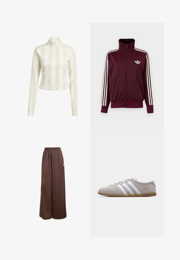 Chaqueta deportiva burdeos con cremallera, cuello alto, tres rayas blancas en las mangas y logo blanco de trébol de Adidas en el pecho.; Sudadera blanca de manga larga con cremallera y cuello alto, que presenta sutiles rayas verticales y logotipos en el pecho y la manga. Textura de tela suave.; adidas Originals Pantalones deportivos - auburn cream white; Zapatilla de ante gris con rayas de cuero blanco y detalle del logo en dorado. Suela plana de goma, punta redondeada y diseño clásico de cierre con cordones.