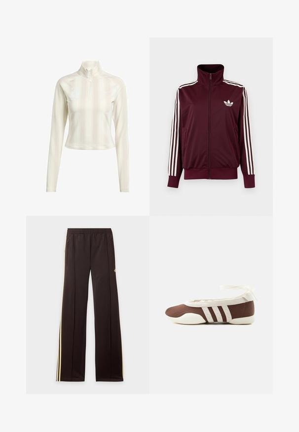 Bordeauxkleurige trainingsjas met ritssluiting en hoge kraag, witte drie strepen op de mouwen en wit Adidas trefoil-logo op de borst.; Witte langesleeve zip-up top met hoge kraag, met subtiele verticale strepen en logo-accenten op de borst en mouw. Zachte stofstructuur.; Zwarte trainingsbroek met gele zijstrepen, elastische tailleband, ritszakken aan de zijkant en een klein logo op het bovenbeen.; Bruine en witte ballerinaschoenen met drie witte strepen en een strik om de enkel op een effen lichte achtergrond.