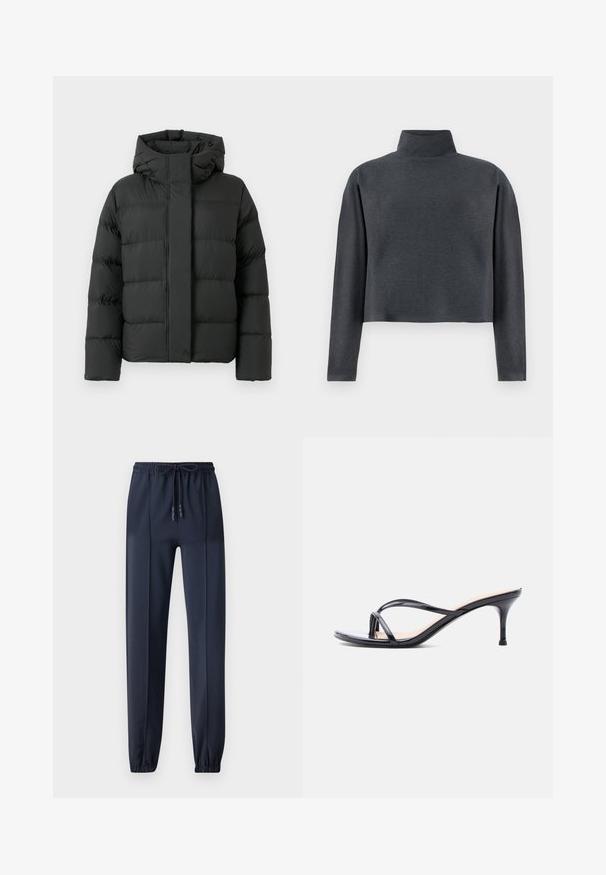 Sort pufferjakke med hætte, der har et firkantet design, tykke quiltede sektioner og en frontlynlås. Glat, blank overflade.; DRYKORN ASIRAL - Sweatshirt - grey; Marineblå joggerbukser lavet af et glat, let materiale; har en elastisk talje med snor og afsluttede ankler.; Sort laklædersandal med hæl, tynde krydsede remme og en slank mellemhøj stilethæl på en hvid baggrund.