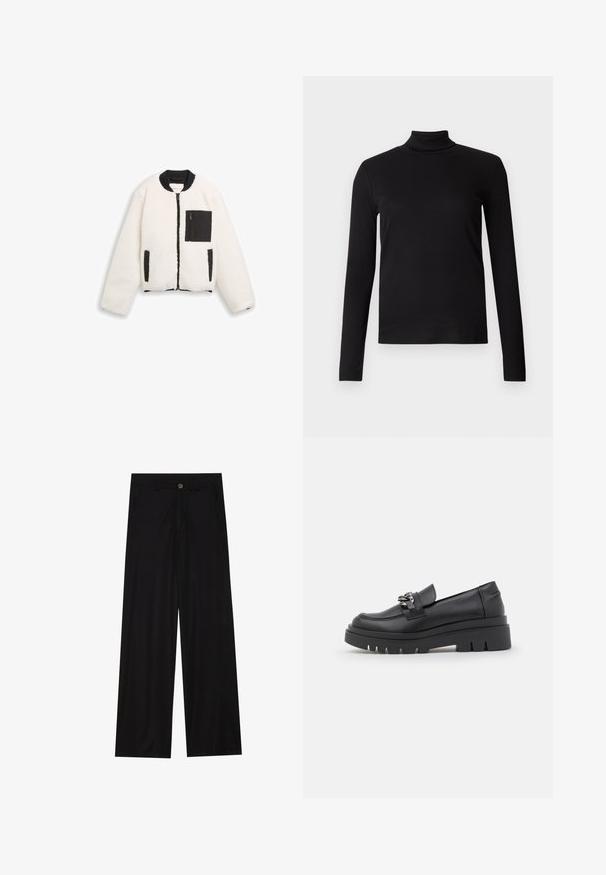 Chaqueta de sherpa blanca con cuello acanalado negro, cremallera frontal negra, bolsillo en el pecho con cremallera negra y dos bolsillos para las manos con ribete negro.; Camisa de cuello alto de manga larga negra, confeccionada con una tela suave, con un diseño ajustado y textura lisa. Sin patrones ni hardware visible.; Pantalones negros de pierna ancha hechos de una tela suave, con bolsillos delanteros y cierre de botón en la cintura. Diseño minimalista sin patrones.; Zapato estilo mocasín negro con suela de plataforma gruesa, parte superior de cuero liso, detalle decorativo de cadena y un ligero tacón con detalle muescado.