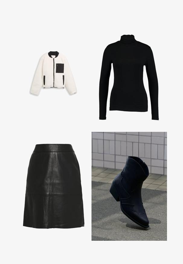 Chaqueta de sherpa blanca con cuello acanalado negro, cremallera frontal negra, bolsillo en el pecho con cremallera negra y dos bolsillos para las manos con ribete negro.; Top negro de manga larga con cuello alto hecho de tela suave, con un diseño ajustado y un cuello alto, adecuado para usar en capas o como prenda independiente.; Falda en línea A de cuero sintético negro con cintura alta y detalles de costuras visibles en la parte delantera y cerca del dobladillo.; Botín de cuero negro con tacón bajo, costuras decorativas y punta afilada, colocado de pie sobre una superficie pavimentada junto a una pared con azulejos.