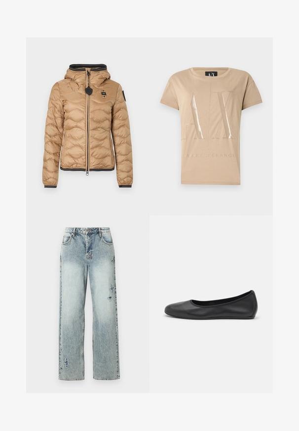 Lysebrun quiltet hættetrøje med frontlynlås, ribstrikkede manchetter og talje, samt sorte logoemblemer på bryst og ærme.; Beige T-shirt med korte ærmer, forsiden prydet med store, blanke "A|X"-bogstaver og teksten "Armani Exchange" nedenunder.; Lyseblå denim jeans med lige ben-design, der har synlige stikninger og dekorative kryds mønstre foran.; Sort læderballetsko med rund tå, glat tekstur, minimal syning og et fleksibelt såldesign.