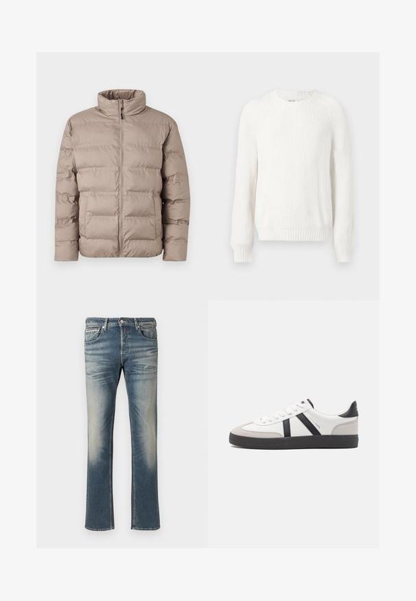 Hellbraune gepolsterte Jacke mit hohem Kragen, Frontreißverschluss und zwei Seitentaschen, entworfen für kaltes Wetter.; Weißer gerippter Pullover mit rundem Halsausschnitt, überschnittenen Schultern und langen Ä sleeves. Verfügt über strukturierten Stoff und einen geraden Saum.; Hellblaue Denim-Jeans mit Ausbleichungen, geradem Schnitt, fünf Taschen und Metallakzenten. Maschinen genäht mit einer weichen Textur.; Weiße Sneaker mit schwarz- und grau-aczenten, ausgestattet mit einer strukturierten grauen Zehenkappe, schwarzer Gummi-Sohle und flachen weißen Schnürsenkeln. Sauberes Design, minimalistische Stil.