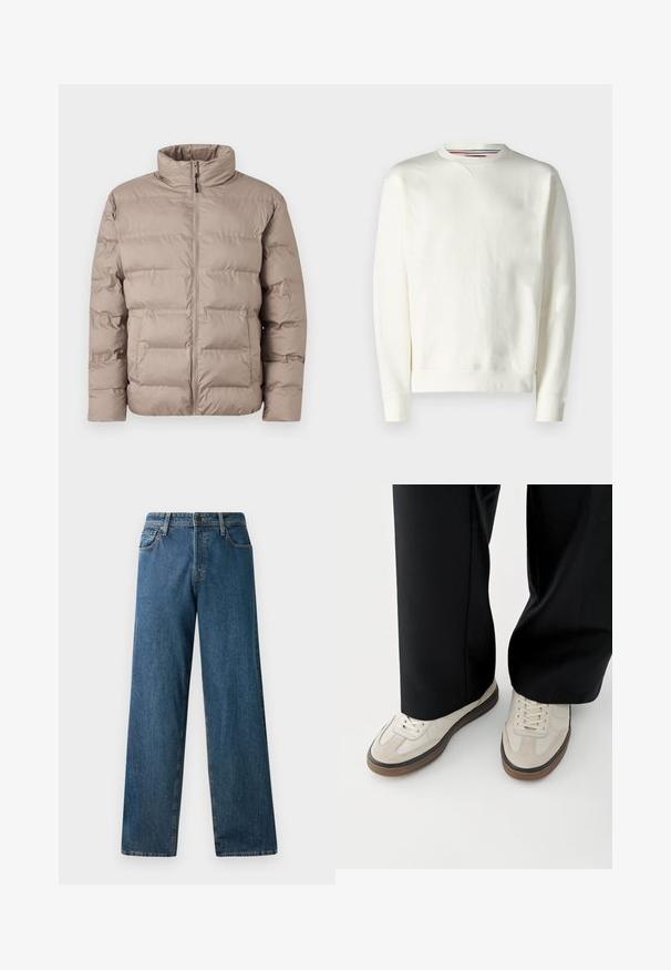 Hellbraune gepolsterte Jacke mit hohem Kragen, Frontreißverschluss und zwei Seitentaschen, entworfen für kaltes Wetter.; Weißer Pullover mit Rundhalsausschnitt, gerippten Bündchen und einem subtilen Logodetail. Weiches Material mit glatter Textur und minimalistischem Design.; Dunkelblaue Jeans aus Denim mit einem lässigen Schnitt, geraden Beinen, fünf Taschen und kontrastierenden Nähten. Verfügt über einen Frontknopf und einen Reißverschluss.; Füße mit beigen Sneakers mit braunen Sohlen und schwarzen Hosen mit weitem Bein auf weißem Hintergrund.