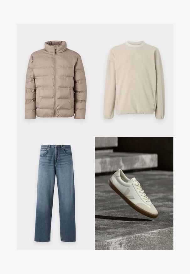 Lysebrun polstret jakke med høj krave, frontlynlås og to sidelommer, designet til koldt vejr.; Lys beige fleece sweatshirt med rund hals, elastiske manchetter og en frontlomme. Blød tekstur, afslappet pasform og minimalistisk design.; Lige ben blå denim jeans med en falmet vask, der har fem lommers design, metallisk knap og bæltestropper. Struktureret, medium vægt stof.; Hvide læder sneakers med tanfarvet gummisål, flade snørebånd og V-formet detalje på siden. Har en glat overflade og minimale syninger.