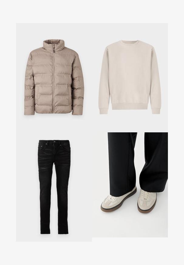 Lysebrun polstret jakke med høj krave, frontlynlås og to sidelommer, designet til koldt vejr.; Beige crewneck sweatshirt lavet af blødt bomuld, med en afslappet pasform, ribbede mansjetter og kant, uden synlige mønstre eller hardware.; Sorte skinny jeans med en glat denimoverflade, traditionelt fem-lommer design, lynlåsfront og subtile falmede detaljer på stoffet.; Fødder iført beige sneakers med brune såler og sorte bukser med vide ben på hvid baggrund.
