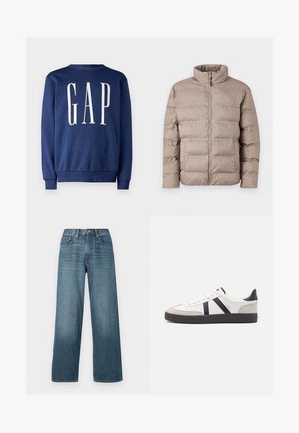 Lichtbruine gewatteerde jas met hoge kraag, ritssluiting aan de voorkant en twee zijzakken, ontworpen voor koud weer.; GAP Sweater - blue shade; Wijde donkerblauwe denim jeans met een knoopsluiting, riemlussen en een vervaagd textuur. Beschikt over vijf zakken en contrasterende stiksels.; Witte sneaker met zwarte en grijze accenten, voorzien van een grijze neus met textuur, zwarte rubberen zool en platte witte veters. Schoon ontwerp, minimalistische stijl.