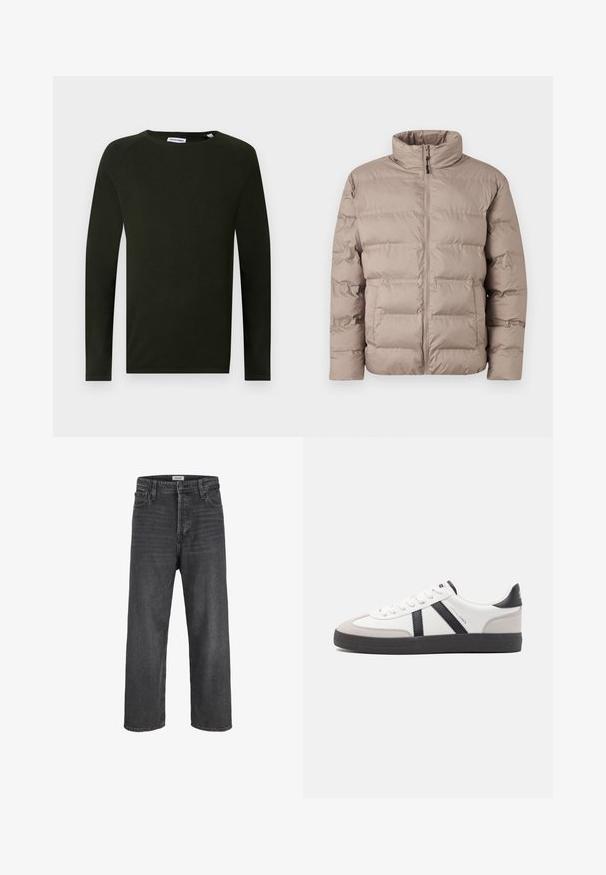 Veste matelassée marron clair avec col montant, fermeture éclair sur le devant et deux poches latérales, conçue pour les temps froids.; Chemise en tricot à manches longues vert foncé avec un col rond, présentant un tissu texturé et des poignets ajustés. Étiquette visible au niveau du col.; Jeans noirs à jambe droite et taille haute, avec fermeture par bouton et fermeture éclair, passants pour ceinture, ainsi que poches avant et arrière.; Baskets blanches avec des accents noirs et gris, présentant un embout texturé gris, une semelle en caoutchouc noir et des lacets plats blancs. Design épuré, style minimaliste.