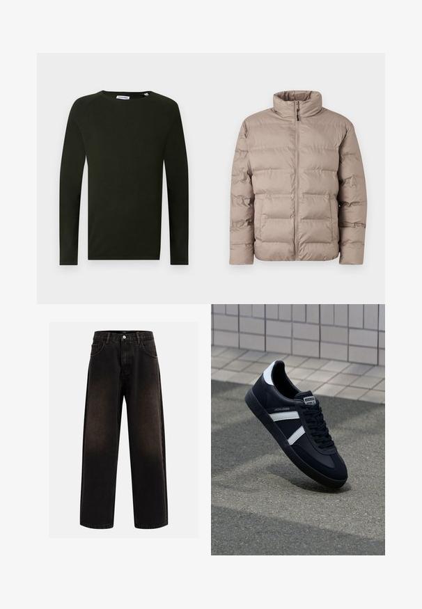 Veste matelassée marron clair avec col montant, fermeture éclair sur le devant et deux poches latérales, conçue pour les temps froids.; Chemise en tricot à manches longues vert foncé avec un col rond, présentant un tissu texturé et des poignets ajustés. Étiquette visible au niveau du col.; Jeans en denim noir avec une coupe décontractée, comprenant des passants de ceinture, un design à cinq poches et une fermeture à bouton. Tissu texturé avec un léger effet de décoloration.; Sneaker en cuir noir avec des rayures blanches, semelle en caoutchouc texturée et devant à lacets. Présente une étiquette de marque sur la languette.