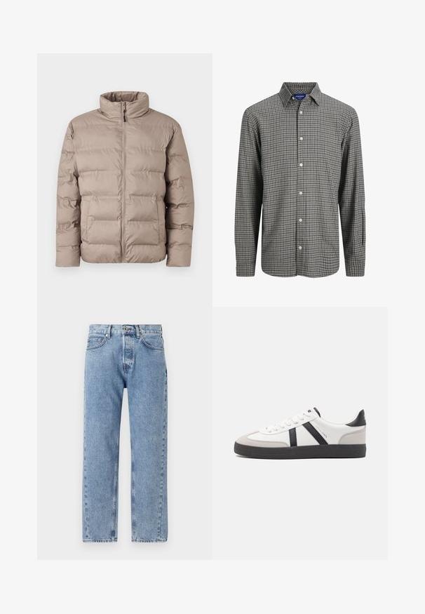 Veste matelassée marron clair avec col montant, fermeture éclair sur le devant et deux poches latérales, conçue pour les temps froids.; Chemise à manches longues à rayures en noir et blanc, dotée d'un col pointu et d'un ourlet droit.; Jeans en denim bleu clair avec une coupe ample, un design à jambe droite, cinq poches et des détails de couture visibles sur les coutures.; Baskets blanches avec des accents noirs et gris, présentant un embout texturé gris, une semelle en caoutchouc noir et des lacets plats blancs. Design épuré, style minimaliste.