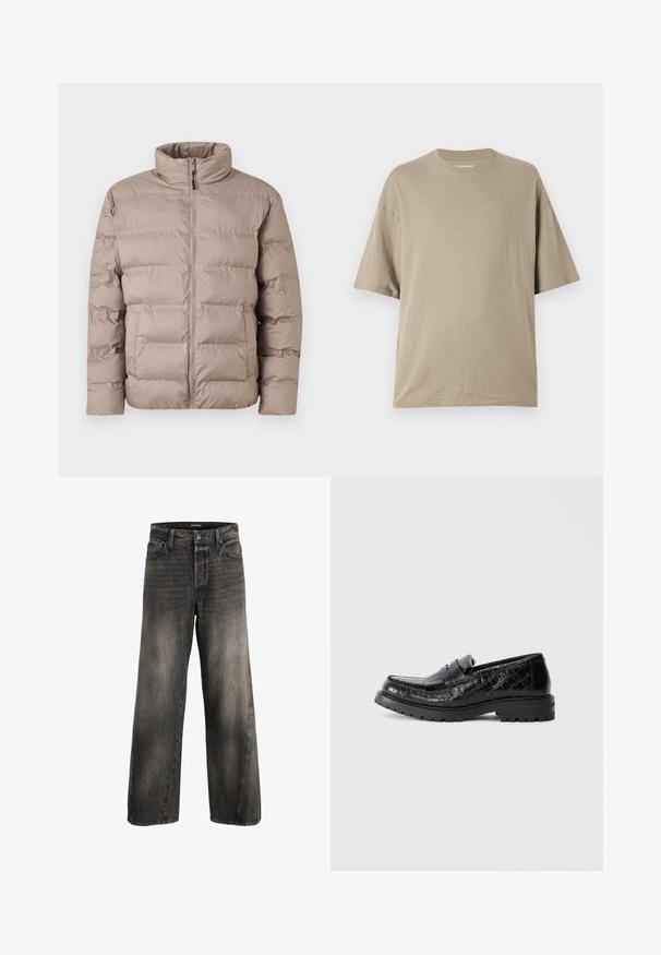Hellbraune gepolsterte Jacke mit hohem Kragen, Frontreißverschluss und zwei Seitentaschen, entworfen für kaltes Wetter.; Beige T-Shirt mit kurzen Ärmeln, aus weicher Baumwolle, mit Rundhalsausschnitt und lockerer Passform, glatter Textur und minimaler Gestaltung.; Hochtaillierte, weit geschnittene schwarze, ausgewaschene Jeans mit vorderem Knopf- und Reißverschluss sowie standartmäßigen Fronttaschen.; Schwarzer Loafer aus Leder mit Krokodilleder-Textur, robustem Absatz und Penny-Strap, Seitenansicht, isoliert auf hellgrauem Hintergrund.