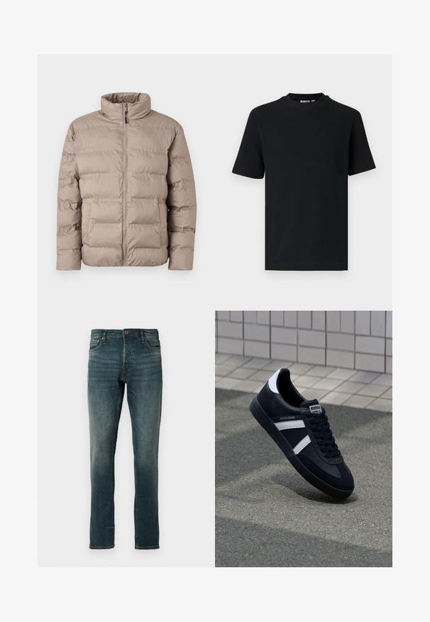 Lysebrun polstret jakke med høj krave, frontlynlås og to sidelommer, designet til koldt vejr.; Sort kortærmet ribstrikket T-shirt med rund hals og et lille synligt mærke indeni kraven.; Mørkeblå slim-fit jeans med fem lommer og knaplukning, vist mod en ensfarvet hvid baggrund.; Sort lædersneaker med hvide striber, tekstureret gummisål og snørrebånd foran. Har et brandet mærke på tungen.