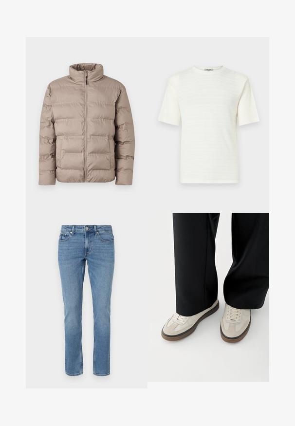 Lysebrun polstret jakke med høj krave, frontlynlås og to sidelommer, designet til koldt vejr.; Hvid kortærmet T-shirt lavet af tekstureret stof med et subtilt vandret mønster. Rund hals design, afslappet pasform.; Blå lige ben denim jeans med for lommer, bæltesløjfer og knaplukning.; Fødder iført beige sneakers med brune såler og sorte bukser med vide ben på hvid baggrund.