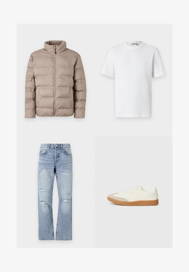 Veste matelassée marron clair avec col montant, fermeture éclair sur le devant et deux poches latérales, conçue pour les temps froids.; T-shirt blanc à manches courtes en maille gaufrée avec col rond, petite étiquette de marque à l'intérieur du col, présenté sur un fond uni.; Jean en denim bleu clair avec une coupe droite, présentant des déchirures usées au niveau des genoux et un style classique à cinq poches.; Baskets en cuir blanc avec une coque beige et une semelle en caoutchouc marron clair. Dotées de lacets blancs plats et d'un logo embossé sur le côté.