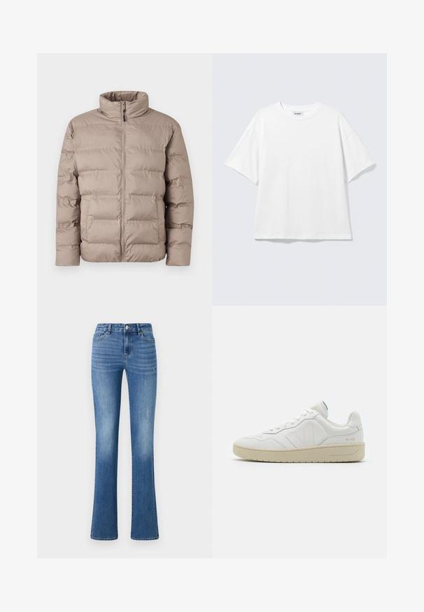 Hellbraune gepolsterte Jacke mit hohem Kragen, Frontreißverschluss und zwei Seitentaschen, entworfen für kaltes Wetter.; Weißes oversized T-Shirt mit kurzen Ärmeln und Rundhalsausschnitt mit eingesetzten Schultern, flach auf hellgrauem Hintergrund.; ONLY ONLWAUW MID WAIST - Jeans Slim Fit - medium blue denim; Weiße Leder-Sneaker mit strukturierter Oberfläche und gepolstertem Kragen. Sie verfügen über eine beigen Gummisohle und dezente Markenkennzeichnung an der Ferse und an der Seite.