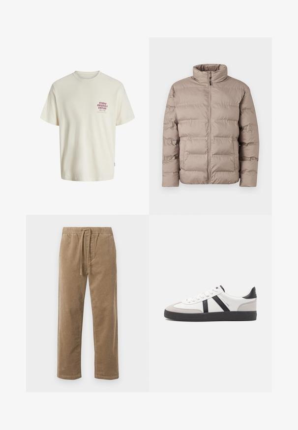 Lysebrun polstret jakke med høj krave, frontlynlås og to sidelommer, designet til koldt vejr.; Hvid kortermet T-shirt med rød tekst "Studio Originals Edition" på venstre bryst, vist på en neutral grå baggrund.; Brune fløjlsbukser med elastisk talje og snøre, der har en afslappet pasform og lige ben, struktureret overflade med ribbet mønster.; Hvide sneakers med sorte og grå detaljer, med en tekstureret grå tåhætte, sort gummisål og flade hvide snørebånd. Rent design, minimalistisk stil.