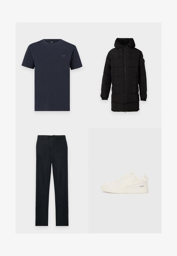 Sort, lang dunjakke med hætte, der har en fuldlængde lynlås, elastiske manchetter og quiltet design for isolering.; Marineblå bomuld t-shirt med rund hals, korte ærmer og et lille mærkelogo i grå på venstre bryst. Glat tekstur.; Sorte bukser lavet af et let materiale, med lige snit, justerbar snor i taljen og to sidelommer.; Hvid sneaker med tekstureret læder og glatte accenter. Har en perforeret tåboks, flade snørebånd og et præget "#XR330" på siden.