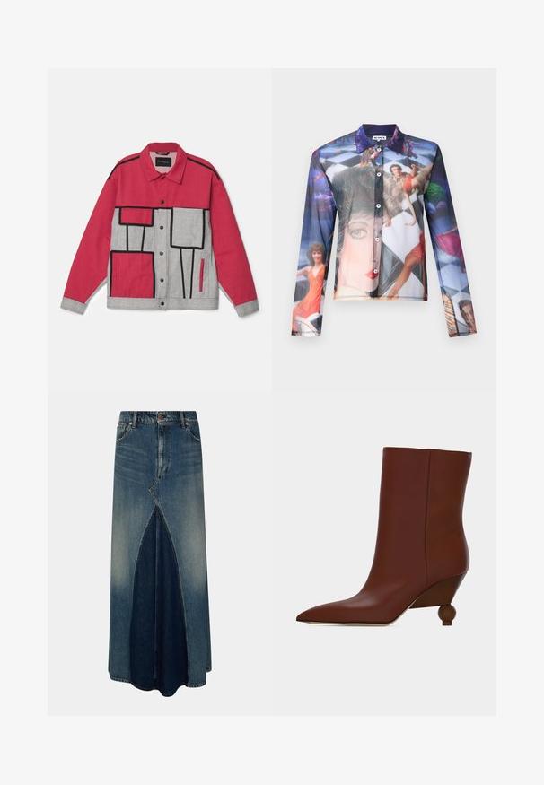 Chaqueta roja y gris con un patrón geométrico, ribete negro, cierre de botón y dos bolsillos frontales. Fabricada con un tejido duradero.; Camisa de botones transparente con un colorido estampado fotográfico de personas en poses dinámicas, con cuello clásico y mangas largas.; Falda maxi de mezclilla azul con pliegue invertido frontal, pasadores para cinturón, cierre de botón y cremallera, y detalles de lavado desgastado.; Bota de cuero marrón hasta el tobillo con puntera afilada y tacón de madera redondeado único sobre un fondo claro y liso.