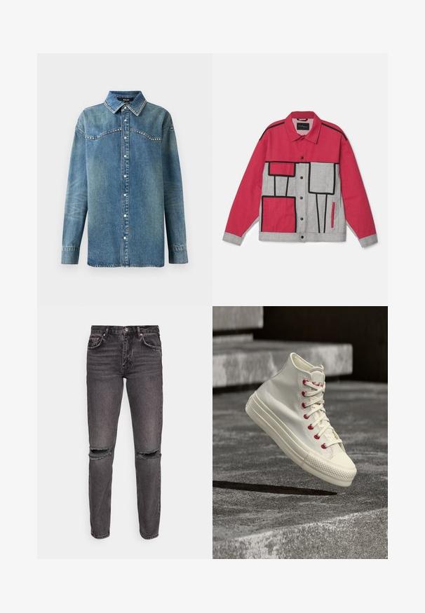 Rood en grijs jack met een geometrisch patroon, zwarte piping, knoopsluiting en twee voorkantzakken. Gemaakt van duurzame stof.; Blauwe denim overhemd met lange mouwen, drukknoopsluiting, puntige kraag en strass-details langs de schouderpas en kraagranden.; Gina Tricot LOW - Straight leg jeans - black denim; Witte hoge sneaker met rode veteroogjes en veters, zwevend boven een betonnen oppervlak met stenen treden op de achtergrond.