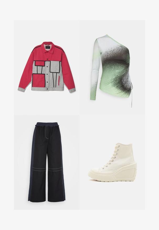 Rød og grå jakke med geometrisk mønster, sort kantning, knaplukning og to forlommer. Fremstillet af holdbart stof.; Elleme ONE SHOULDER - Langærmet T-shirt - light green/white; 3.1 Phillip Lim COMBO UTILITY PANT - Bukser - black eclipse; Hvide kanvas høje sneakers med kile sål, der har metaløjer, rund tå og en tekstureret gummisål.