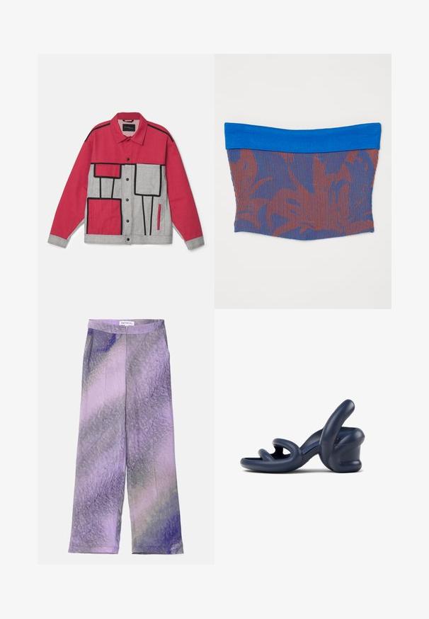 Rood en grijs jack met een geometrisch patroon, zwarte piping, knoopsluiting en twee voorkantzakken. Gemaakt van duurzame stof.; Rekbaar tube-top met een blauwe effen band aan de bovenkant. Het hoofdgedeelte heeft een gestructureerd patroon van rode en blauwe verticale strepen.; Wijdvallende broek in lichtgewicht stof, met een verlooppatroon van paars en lavendel en subtiele textuur. Met knoopsluiting in de taille.; Marineblauwe hoge sandaal met hak gemaakt van soepel synthetisch materiaal; heeft gebogen bandjes en een unieke sculptuurhakontwerp.