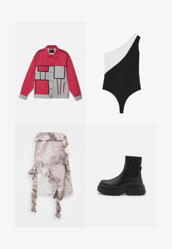 Rote und graue Jacke mit geometrischem Muster, schwarzer Paspelierung, Knopfverschluss und zwei Vorderaschen. Aus strapazierfähigem Gewebe gefertigt.; Ein Ein-Schulter-Badeanzug mit einem Blockfarben-Design, bei dem eine Seite schwarz und die andere weiß ist. Hergestellt aus glattem Stoff mit einem frechen Schnitt.; ROKH MIDI SKIRT RUFFLES - A-Linien-Rock - purple; Schwarze Knöchelstiefel aus glattem Leder mit elastischen Seitenpaneelen, einer klobigen Plateausohle und einem strukturierten Profilmuster.