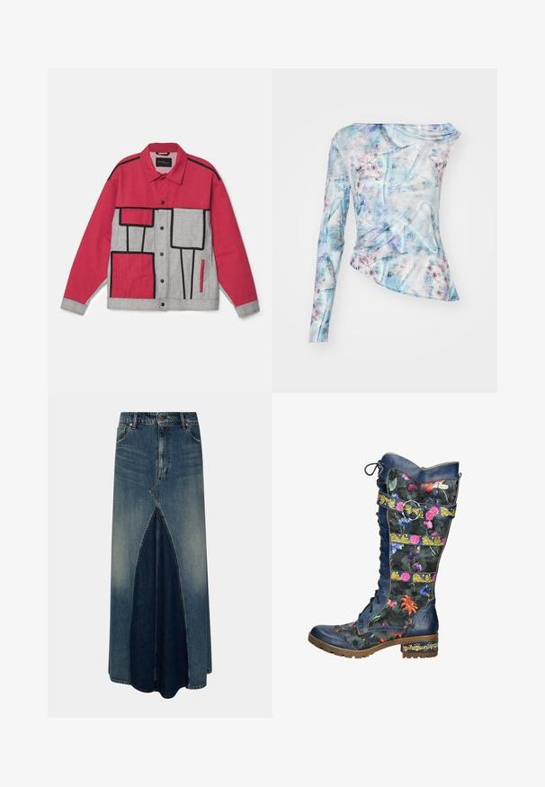 Rood en grijs jack met een geometrisch patroon, zwarte piping, knoopsluiting en twee voorkantzakken. Gemaakt van duurzame stof.; Asymmetrisch langslavend top in een blauw en roze abstract patroon, met een geplooid textuur en een ronde hals. Gemaakt van een lichtgewicht stof.; Blauwe denim maxi-rok met een voor-invertpleat, riemlussen, knoop- en ritssluiting, en vervaagde wasdetails.; Knielange laars met een donkerbloemig patroon op stof, met blauwe leren accenten, een ronde neus, vetersluiting aan de voorkant en een decoratieve band.