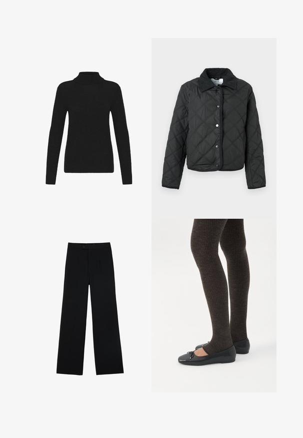 Sort quiltet jakke med diamant quilting, corduroy krave, trykknapper foran og lange ærmer.; Sort langærmet turtleneck sweater med ribbet krave, manchetter og kant, præsenteret mod en hvid baggrund.; Sorte vidde bukser lavet af glat stof, med en frontknaplukning og to plissee for ekstra detaljer. Skræddersyet design i det hele taget.; Ben iført mørke ribbede leggings kombineret med sorte balletsko med små sløjfedetaljer på hvid baggrund.