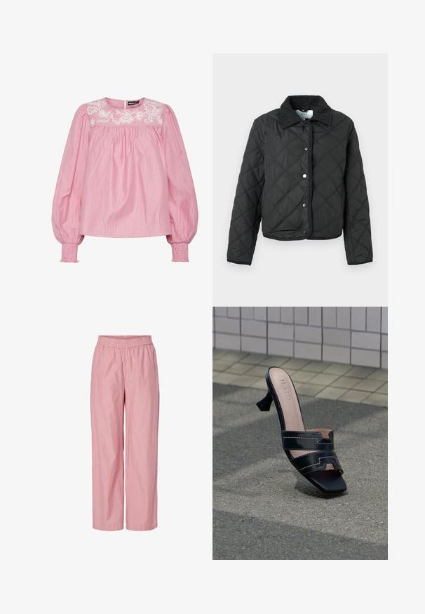 Veste noire matelassée avec un motif en losanges, col en velours côtelé, boutons-pression sur le devant et manches longues.; Blouse rose à rayures avec un col rond, des poignets élastiques et un motif floral brodé sur le devant. Fabriquée en tissu léger.; Pantalons larges à rayures roses avec une taille élastique. Fabriqués en tissu léger avec une texture lisse. Présentent de subtiles rayures verticales.; Mule à talon noir à bout ouvert avec double brides et bout carré sur un pavé texturé devant un mur carrelé.
