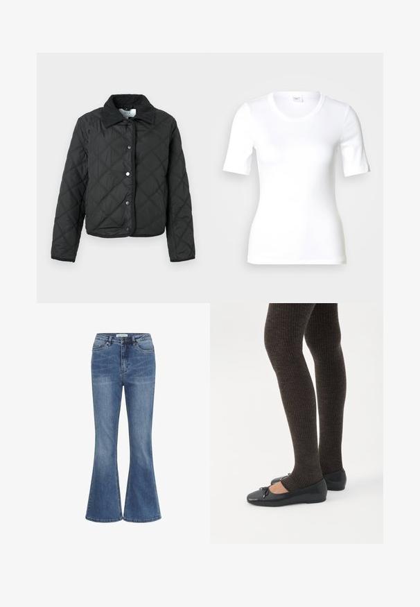 Sort quiltet jakke med diamant quilting, corduroy krave, trykknapper foran og lange ærmer.; Hvid T-shirt med korte ærmer lavet af glat bomuld, med rund halsudskæring og en tætsiddende pasform. Klassisk design uden mønstre eller detaljer.; Blå denim jeans med høj talje, frontlukning med knap og lynlås, og let udvidede ben.; Ben iført mørke ribbede leggings kombineret med sorte balletsko med små sløjfedetaljer på hvid baggrund.