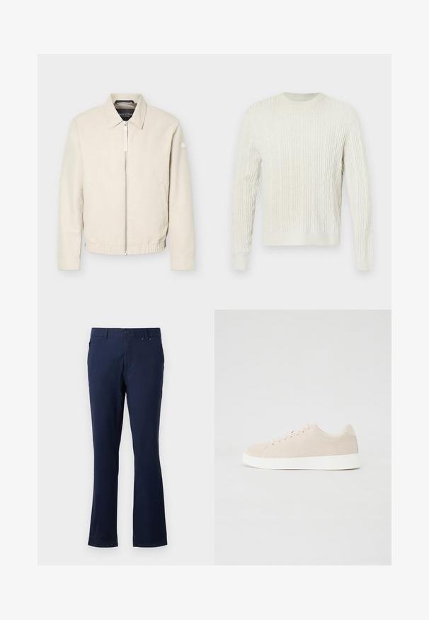 Beige lynlåsjakke med krave, lange ærmer, to sidelommer, elastisk taljebånd og et lille mærke på venstre ærme.; Creme kabel-striktrøje med rund hals og ribbede manchetter og kant. Det teksturerede design tilføjer dybde til stoffet.; Marineblå bukser lavet af letvægtsstof, med lige ben, forlommer og knaplukning i taljen.; Beige ruskindsneakers med hvide gummisåler, rund tå og seks snøringshuller. Glat tekstur med minimalisk design.