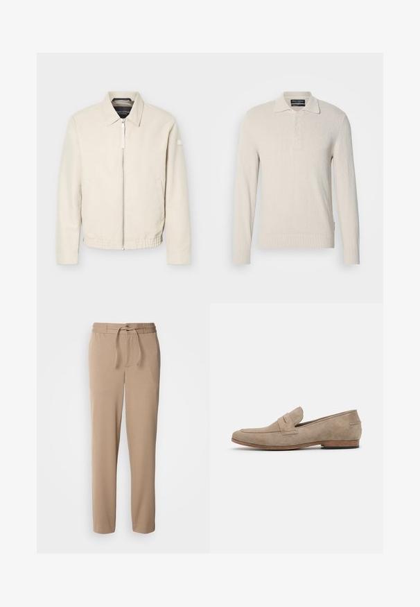 Veste beige à fermeture éclair avec col, manches longues, deux poches latérales, taille élastique et un petit patch sur la manche gauche.; Pull col polo à manches longues beige clair en tricot doux avec une finition texturée, doté d'un col classique et d'une patte de boutonnage à trois boutons.; Pantalons de survêtement beige en coton doux, avec une taille élastique, un cordon de serrage, une coupe slim et des jambes droites sans motifs.; Mocassin en suède beige avec des coutures minimales, un talon plat et une semelle en cuir. Présente un accent de lanière unique près du cou-de-pied. Silhouette plate.