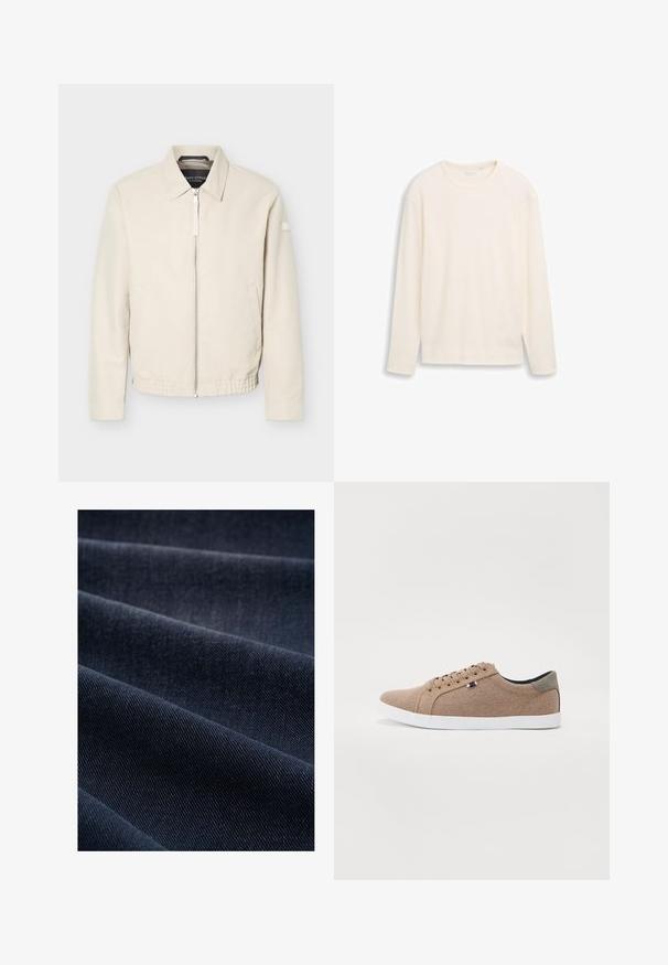 Beige Reißverschlussjacke mit Kragen, langen Ärmeln, zwei Seitentaschen, elastischem Bund und einem kleinen Aufnäher am linken Ärmel.; Leichter, gerippter Pullover mit langen Ärmeln in Off-White. Verfügt über einen Rundhalsausschnitt, einen geraden Schnitt und ein dezentes Logoetikett unten links.; Dunkelblaue Denim-Stoff mit geripptem Muster, das Falten und Wellen zeigt und somit sein Gewicht und seine Strapazierfähigkeit betont.; Beige Leinensneaker mit einem Low-Top-Design, weißer Gummisohle und runden Schnürsenkeln. Mit kontrastierenden grauen Akzenten an der Ferse und einem Logo-Detail.