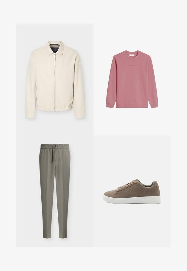 Chaqueta beige con cremallera, cuello, mangas largas, dos bolsillos laterales, cintura elástica y un pequeño parche en la manga izquierda.; Sudadera de manga larga con cuello redondo en rosa apagado, con puños y dobladillo acanalados, que presenta un sutil logo "Marc O'Polo DENIM" en el pecho.; Pantalones de hombre gris claro, de corte entallado, con piernas afiladas y una cintura elástica con cordón delantero.; Zapatillas de ante marrón con suelas de goma blanca planas, diseño de cordones, punta redondeada y una textura suave. Estilo minimalista con sutiles detalles de costura.