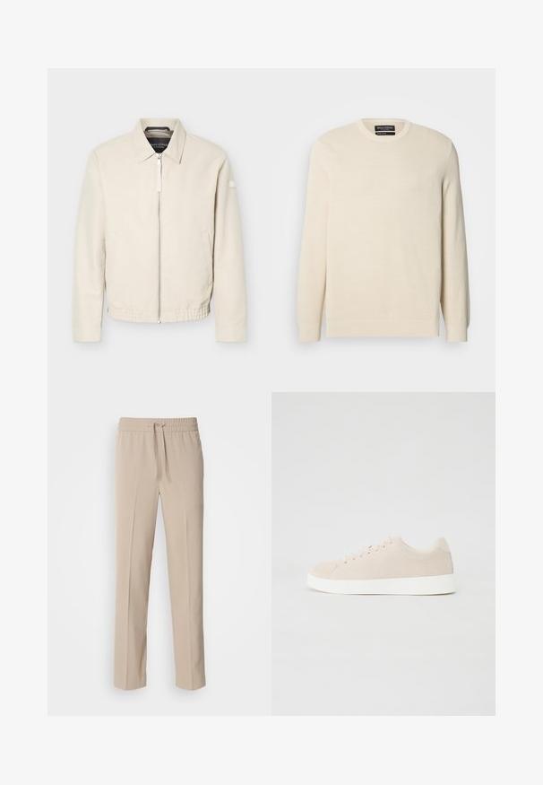 Chaqueta beige con cremallera, cuello, mangas largas, dos bolsillos laterales, cintura elástica y un pequeño parche en la manga izquierda.; Suéter tejido color beige claro con cuello redondo, mangas largas y un patrón texturizado sutil. Cuenta con un emblema en el pecho y dobladillo acanalado.; Pantalones beige de corte relajado, hechos de una tela suave, con una cinturilla elástica y cordón ajustable, y piernas rectas con acentos mínimos.; Zapatillas de ante beige con suelas de goma blanca, puntera redondeada y seis ojales para los cordones. Textura suave con un diseño minimalista.