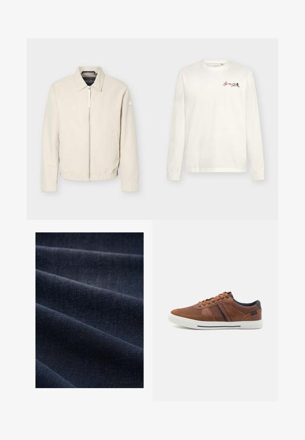 Beige Reißverschlussjacke mit Kragen, langen Ärmeln, zwei Seitentaschen, elastischem Bund und einem kleinen Aufnäher am linken Ärmel.; Langärmliges weißes T-Shirt aus Baumwolle mit einem kleinen roten und blauen Grafikdesign auf der linken Brustseite. Weicher Stoff mit klassischer Passform.; Dunkelblaue Denim-Stoff mit geripptem Muster, das Falten und Wellen zeigt und somit sein Gewicht und seine Strapazierfähigkeit betont.; Braune Leder-Sneaker mit glatter Textur, weißer Gummisohle, schwarzen Akzenten und dekorativen Nähten sowie seitlichen Streifen.