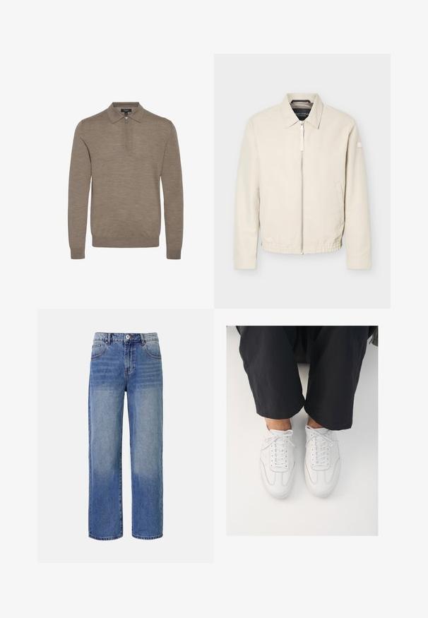 Beige lynlåsjakke med krave, lange ærmer, to sidelommer, elastisk taljebånd og et lille mærke på venstre ærme.; Lysebrunt pullover med lynlåskrave, lange ærmer og en blød struktur, lavet af fint strikket materiale.; Lys blå denim bred benjeans med et falme mønster, fem lommer og lynlås i gylpen. Har en knap og bæltestropper i taljen.; Hvide lædersneakers med en glat overflade, rund tå og klassisk snøresystem, placeret over mørke, løse bukser.