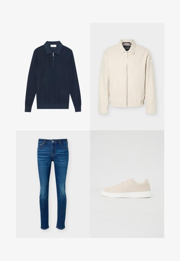 Beige lynlåsjakke med krave, lange ærmer, to sidelommer, elastisk taljebånd og et lille mærke på venstre ærme.; Mørk marineblå strikket langærmet polo shirt med ribbet tekstur og en kort sølv lynlås ved kraven.; Blå slim-fit cowboybukser med let falmet effekt på lår og knæ, foran knap, lynlås og fem-lomme design mod en ensfarvet baggrund.; Beige ruskindsneakers med hvide gummisåler, rund tå og seks snøringshuller. Glat tekstur med minimalisk design.